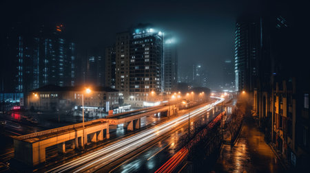 Long exposure photography city at night civilization Generative AI Illustration.の素材