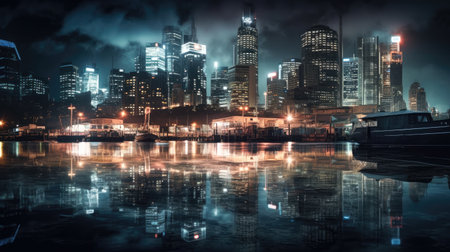 Long exposure photography city at night civilization with reflection in the water Generative AI Illustration.の素材