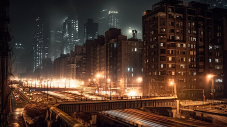 Long exposure photography city at night civilization Generative AI Illustration.の素材