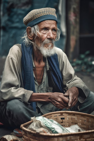 A poor man in extreme poverty without money or food Generative AI Illustration.の素材