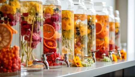 Glass bottles with refreshing fruit-infused water tea decorated with flowers Generative AI Illustration.の素材