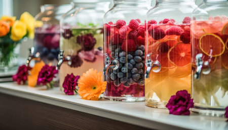 Glass bottles with refreshing fruit-infused water tea decorated with flowers Generative AI Illustration.の素材
