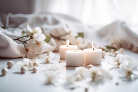 Candles and flowers in a calm relaxing and soothing SPA environment Generative AI Illustration.の素材