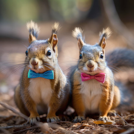 A happy couple of squirrels in nature with a blue and pink bow Generative AI Illustration.の素材