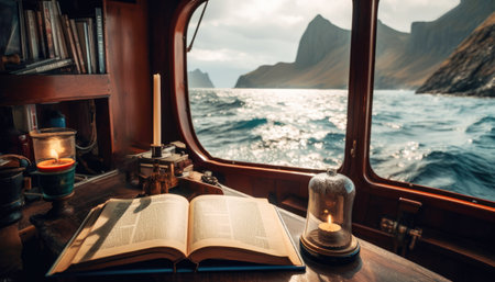 Sea view from the inside of a luxury yacht boat memories of a lifetime Generative AI Illustration.の素材