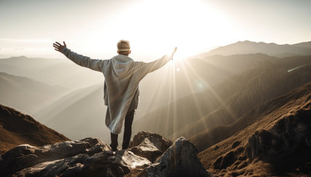 A young man on top of a mountain with his arms open toward the sun Generative AI Illustration.の素材