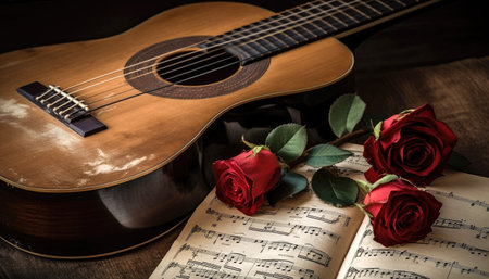Vintage memories with a classical guitar a red rose and a musical score Generative AI Illustration.の素材