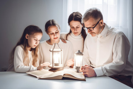 Family gathered to study the Bible book father and daughters Generative AI Illustration.の素材