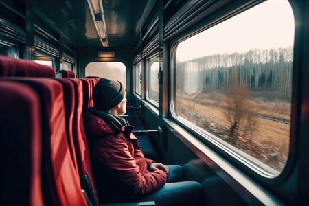 Man looking through the window while traveling on a train Generative AI Illustration.の素材