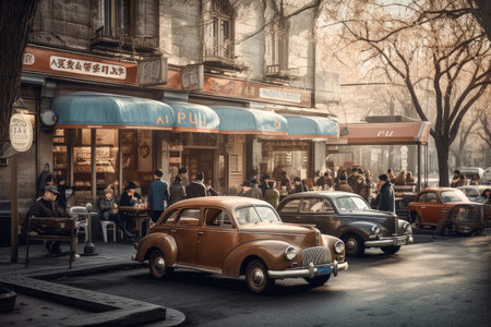 Vintage scene of Beijing street cafe in the past with old cars Generative AI Illustration.の素材