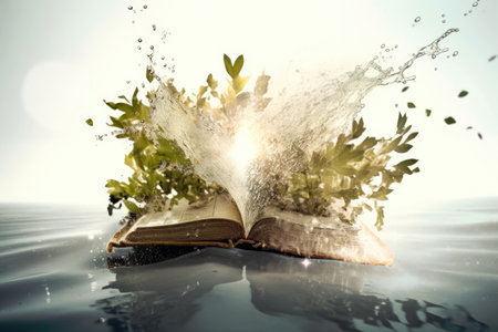 A Bible book showing the origin of life exploding with water and vegetation Generative AI Illustration.の素材