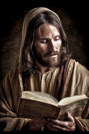 Jesus reading the Bible in the time of the Roman Empire Generative AI Illustration.の素材