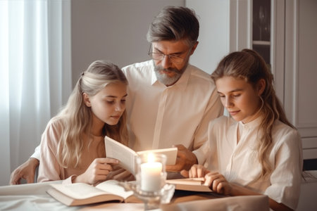 Family gathered to study the Bible book father and daughters Generative AI Illustration.の素材