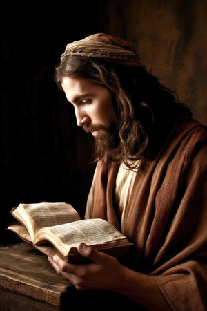 Jesus reading the Bible in the time of the Roman Empire Generative AI Illustration.の素材