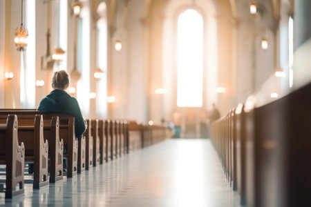 A religious woman sitting in the church in a moment of communion with God with a blurred background Generative AI Illustration.の素材