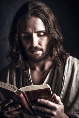 Jesus reading the Bible in the time of the Roman Empire Generative AI Illustration.の素材