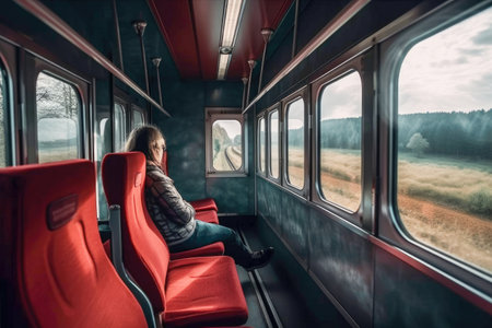 Woman looking through the window while traveling on a train Generative AI Illustration.の素材