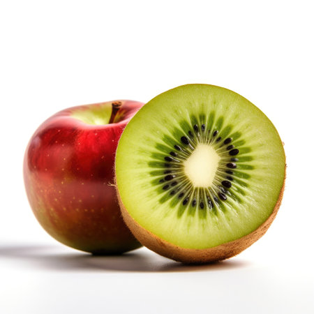 Red apple and a kiwi cut half ornament for food and cooking with white background Generative AI Illustration.の素材