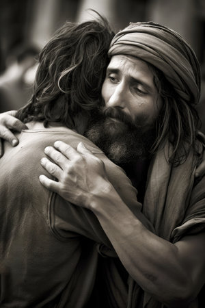 A fraternal embrace of Gods people the holy redemption and salvation through Jesus Christ Generative AI Illustration.の素材