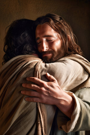 A fraternal embrace of Gods people the holy redemption and salvation through Jesus Christ Generative AI Illustration.の素材