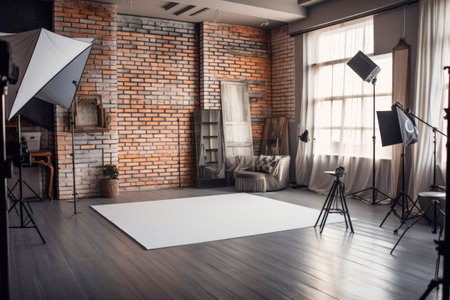 Vintage wooden floor and brick backdrop for photography shoots Generative AI Illustration.の素材