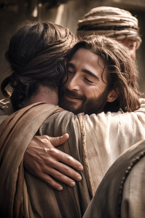 A fraternal embrace of Gods people the holy redemption and salvation through Jesus Christ Generative AI Illustration.の素材