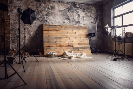 Vintage wooden floor and brick backdrop for photography shoots Generative AI Illustration.の素材