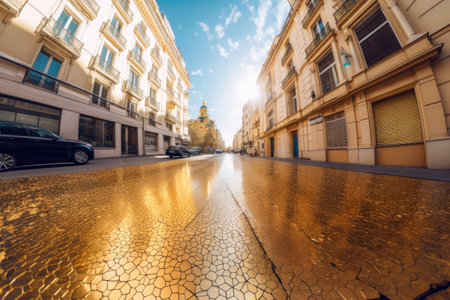 Street painting in a city with golden road Generative AI Illustration.の素材