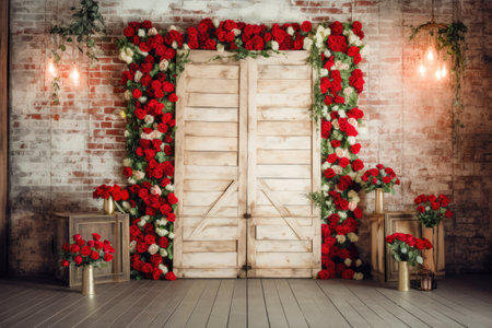 Vintage valentine and wedding day background with a door surrounded by white and red roses Generative AI Illustration.の素材