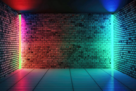 Neon effects in a dark bricks wall and a shiny floor background Generative AI Illustration.の素材
