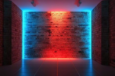 Neon effects in a dark bricks wall and a shiny floor background Generative AI Illustration.の素材