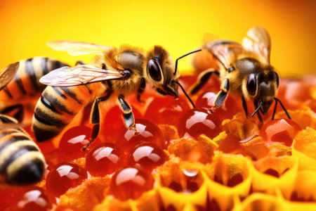 Close-up of Bees depositing nectar in the combs of the hive Generative AI Illustration.の素材