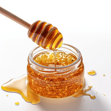 Pure honey dripping into a transparent bottle golden liquid Generative AI Illustration.の素材
