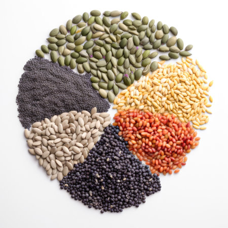 Graphic wheel with several different raw seeds with a white background Generative AI Illustration.の素材