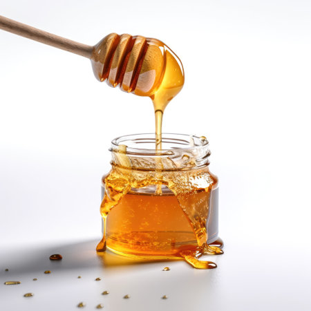 Pure honey dripping into a transparent bottle golden liquid Generative AI Illustration.の素材