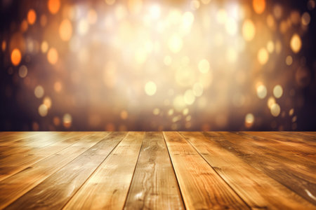 Background for photography with wooden floor and golden lights bokeh effects Generative AI Illustration.の素材