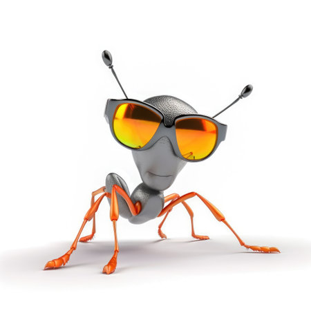 Funny ant with giant sunglasses looking at the camera with white background Generative AI Illustration.の素材