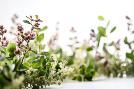 White background with several small and natural delicate leaves and spring flowers Generative AI Illustration.の素材