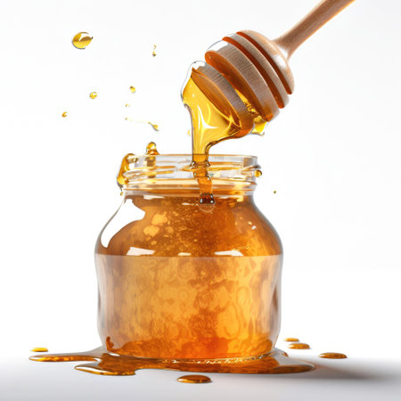 Pure honey dripping into a transparent bottle golden liquid Generative AI Illustration.の素材