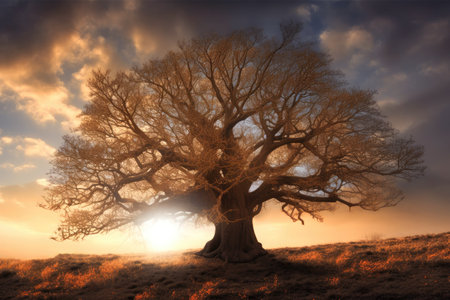 Imposing tree without leaves in nature with sunset background Generative AI Illustration.の素材