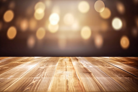 Background for photography with wooden floor and golden lights bokeh effects Generative AI Illustration.の素材