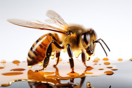 Close-up of a Bee feeding on nectar honey pollen Generative AI Illustration.の素材