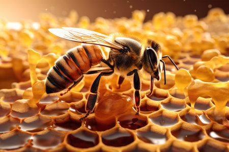 Close-up of a Bee depositing nectar in the combs of the hive Generative AI Illustration.の素材