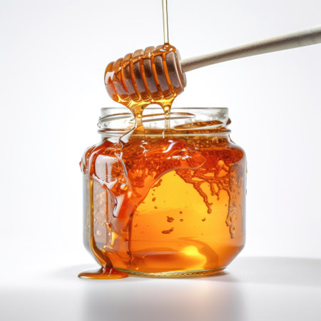 Pure honey dripping into a transparent bottle golden liquid Generative AI Illustration.の素材