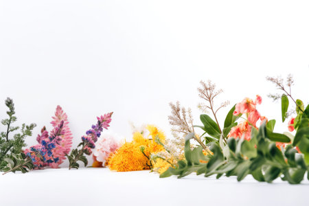 White background with several small and natural delicate leaves and spring flowers Generative AI Illustration.の素材