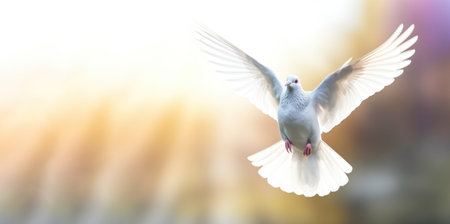 Holy Spirit dove flying with open wings with blurred background and sunlight ray effects Generative AI Illustration.の素材