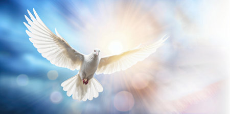 Holy Spirit dove flying with open wings with blurred background and sunlight ray effects Generative AI Illustration.の素材
