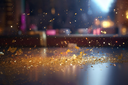 Luxury ambience with golden dust particles and bokeh lighting effects on a blurred background Generative AI Illustration.の素材