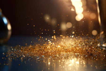 Luxury ambience with golden dust particles and bokeh lighting effects on a blurred background Generative AI Illustration.の素材