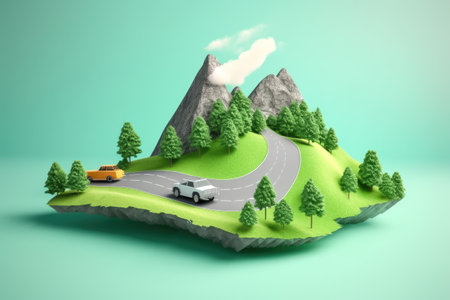 Model of piece of a mountain in the middle of the forest with a road and cars Generative AI Illustration.の素材